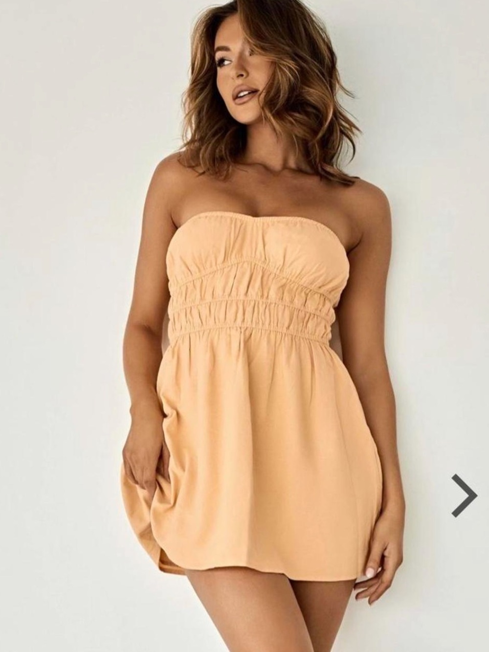 Meshki linen Peach Strapless Smocked Mini Dress